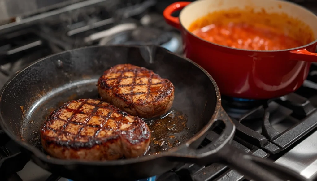 Cooking performance comparison: searing meat in cast iron vs simmering sauce in enamel.