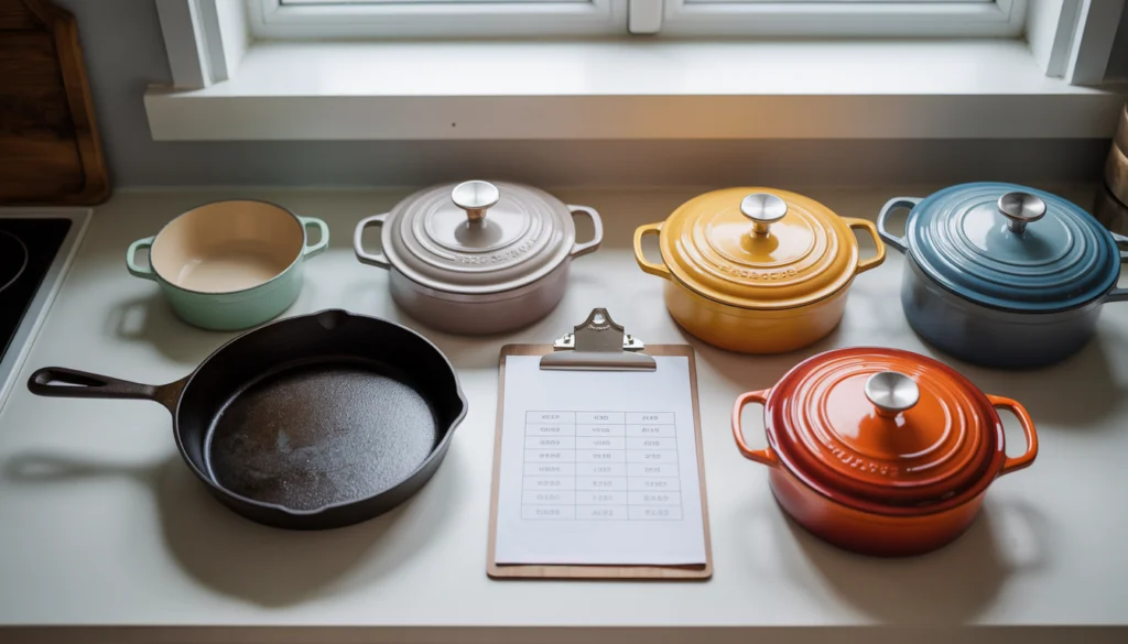 Comparing features and key differences of cast iron and enameled cast iron cookware.