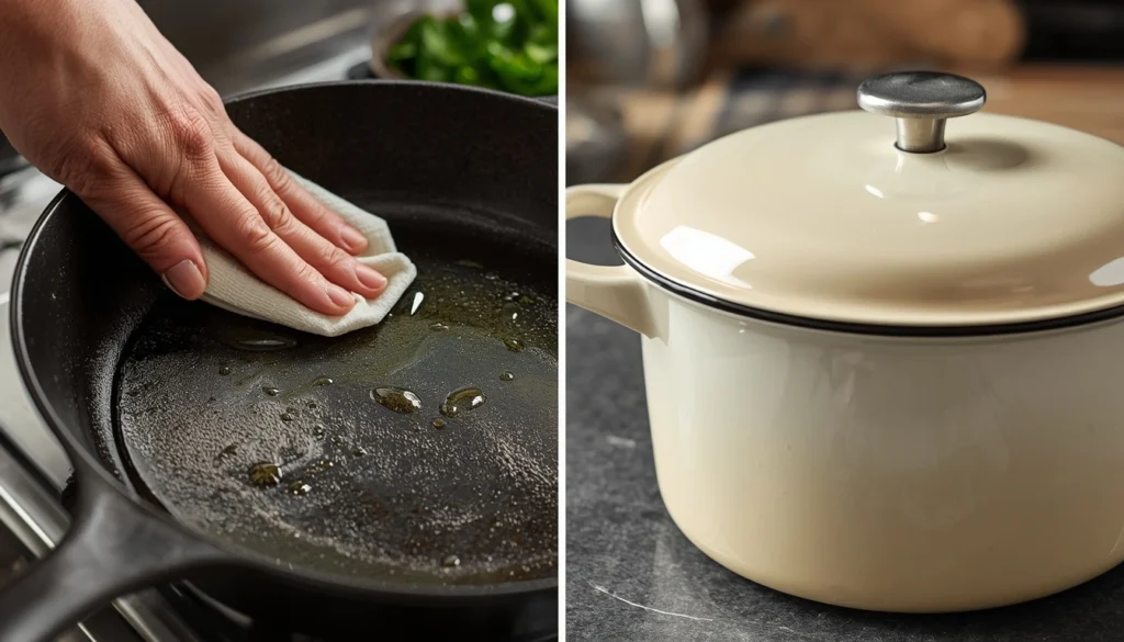 The difference between raw cast iron and smooth enameled cast iron surfaces.