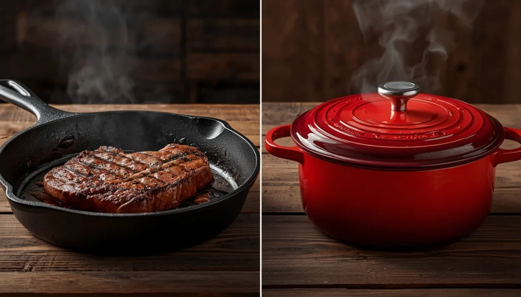 On the left, a rugged, seasoned black cast iron skillet containing a sizzling steak. On the right, a vibrant cherry-red enameled cast iron Dutch oven with steam rising.