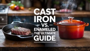 A comparison of traditional cast iron skillets and vibrant enameled cast iron cookware for a kitchen guide.