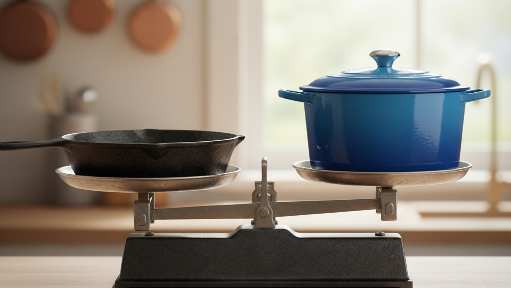 Evaluating the value and price points of traditional cast iron versus enameled cast iron.