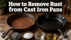 How to remove rust from cast iron pans showing a rusty skillet beside a restored seasoned skillet