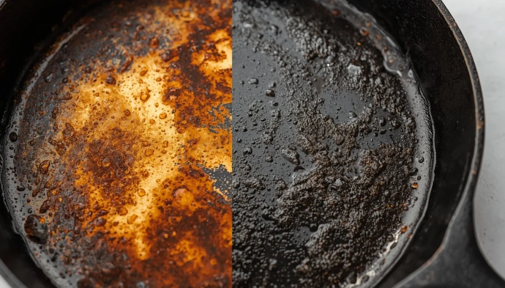 Cast iron skillet showing rust where moisture reaches exposed iron and damaged seasoning