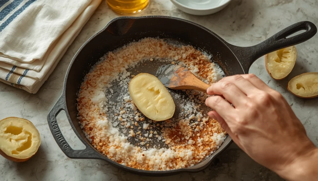 Using coarse salt and a potato to scrub light rust from a cast iron skillet
