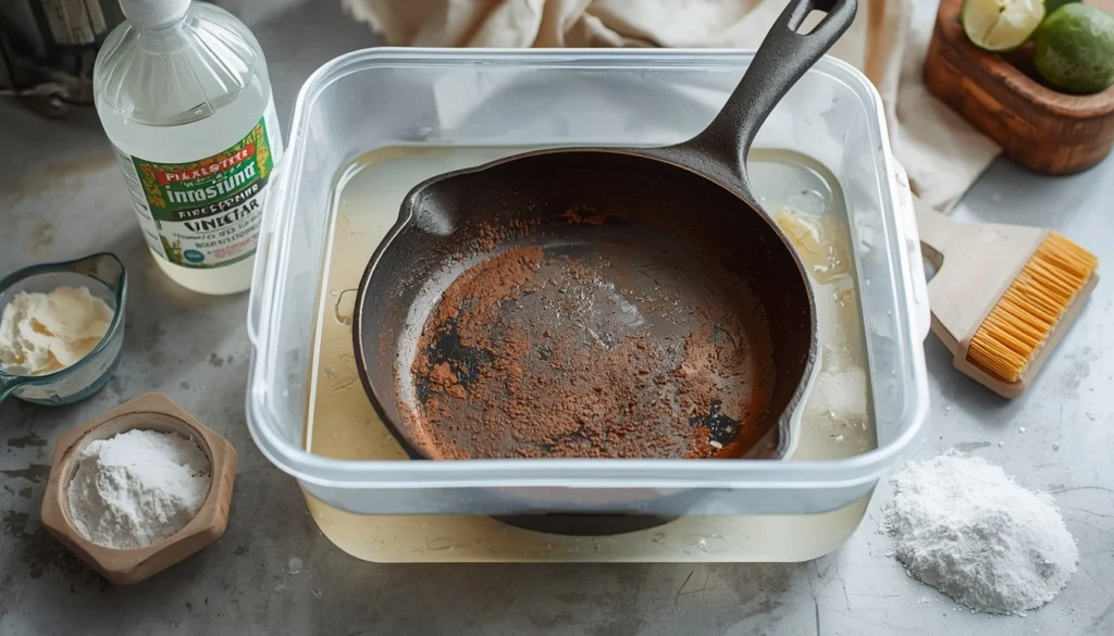 Rusty cast iron skillet soaking in a diluted white vinegar and water solution
