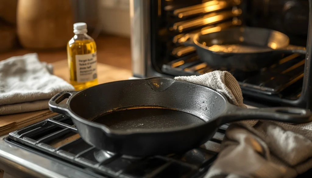 Applying a thin layer of cooking oil to a dry cast iron skillet before re-seasoning
