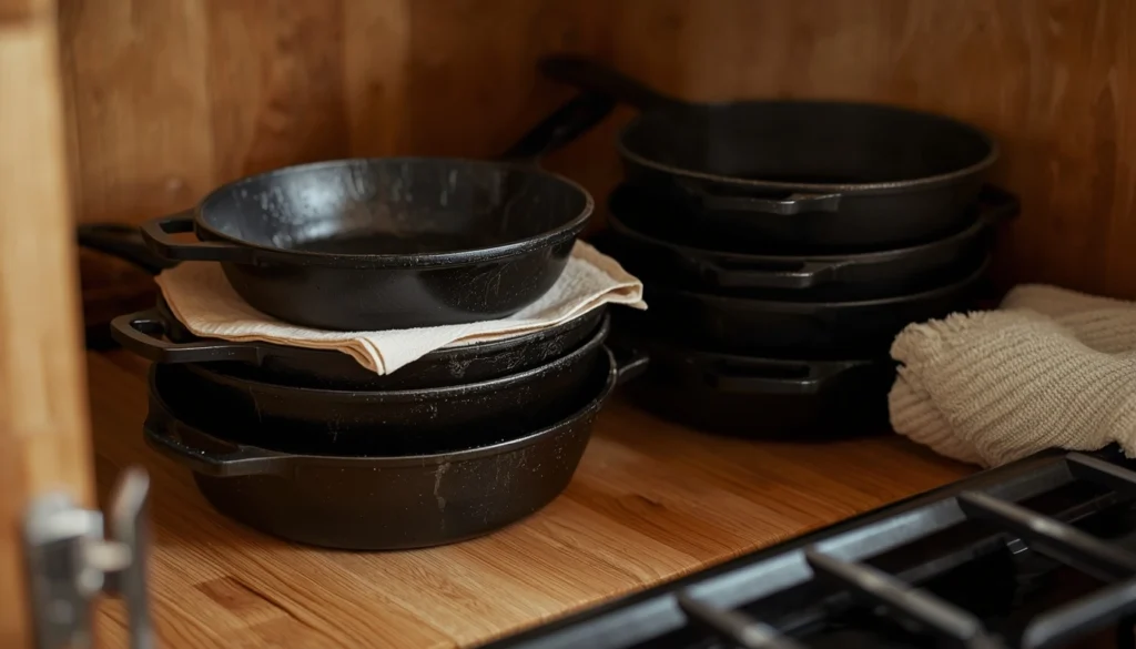 Properly dried and seasoned cast iron pans stored with paper towels to prevent rust