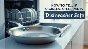 a gleaming stainless steel frying pan positioned at an angle on a modern kitchen counter next to an open dishwasher.