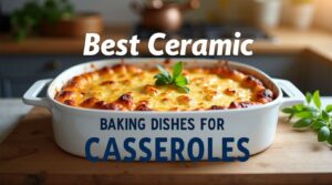 Best ceramic baking dishes for casseroles featured image showing white ceramic casserole dish with golden-brown baked casserole on wooden table