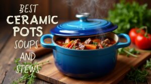 Best ceramic pots for soups and stews guide featuring blue Dutch oven with beef stew