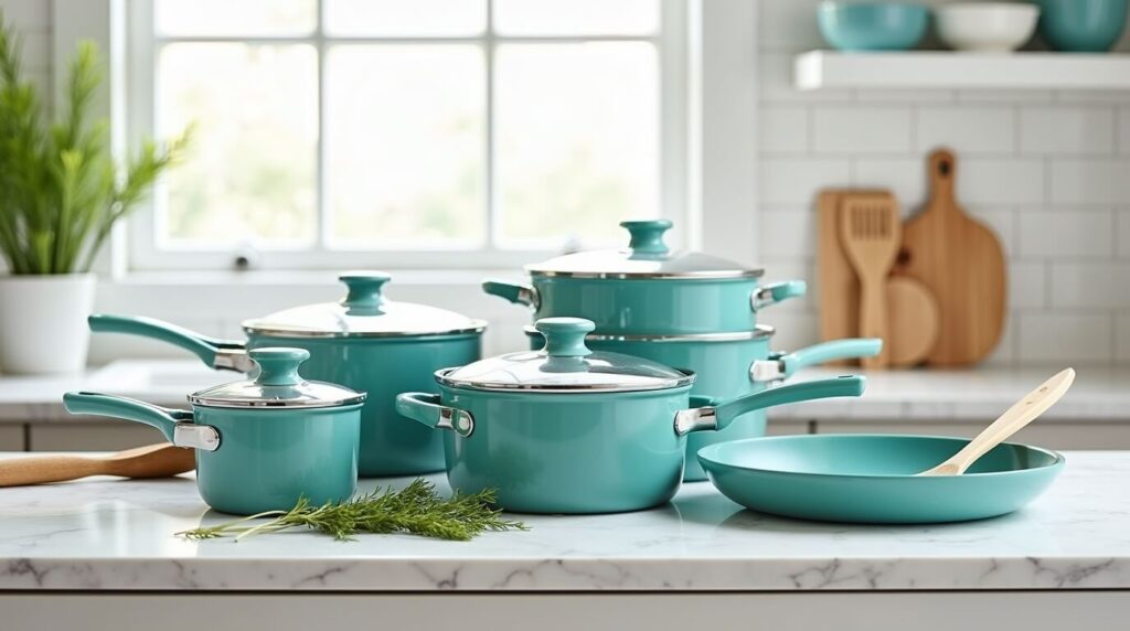 ceramic cookware set with pots, pans, and lids arranged artistically on a white marble kitchen counter.