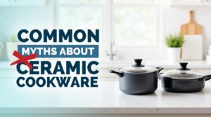 Common myths about ceramic cookware debunked - blue ceramic pan with myth stamp overlay