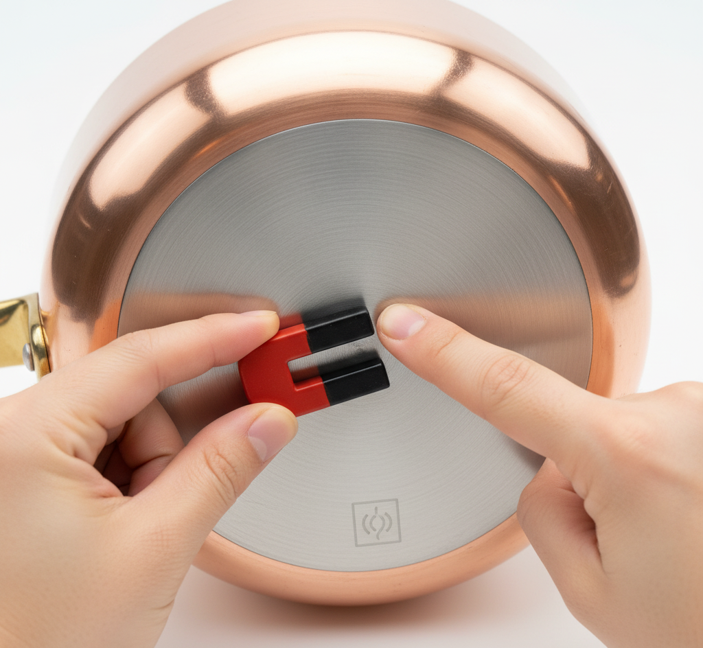 Magnet test demonstration for checking copper cookware induction compatibility on magnetic steel base