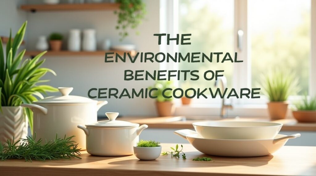 ceramic cookware (pots and pans in soft cream and white colors) arranged artistically on a natural wooden countertop with fresh green plants and herbs surrounding them. In the background, show a bright, clean kitchen with natural sunlight streaming through a window.