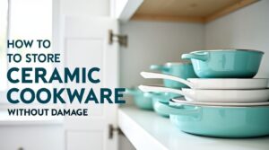 How to store ceramic cookware without damage - organized kitchen cabinet with protected ceramic pots and pans