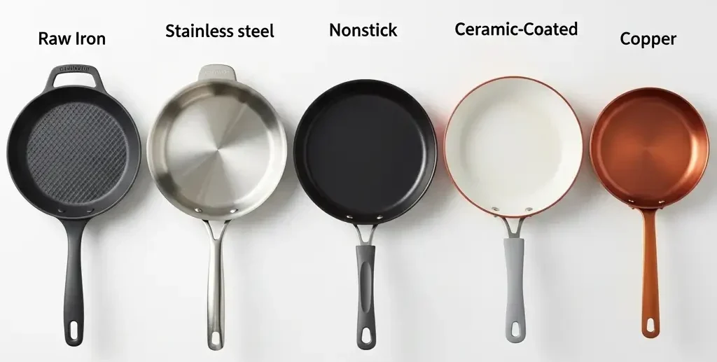 Visual guide to identify different cookware materials including cast iron, stainless steel, nonstick, ceramic, aluminum and copper
