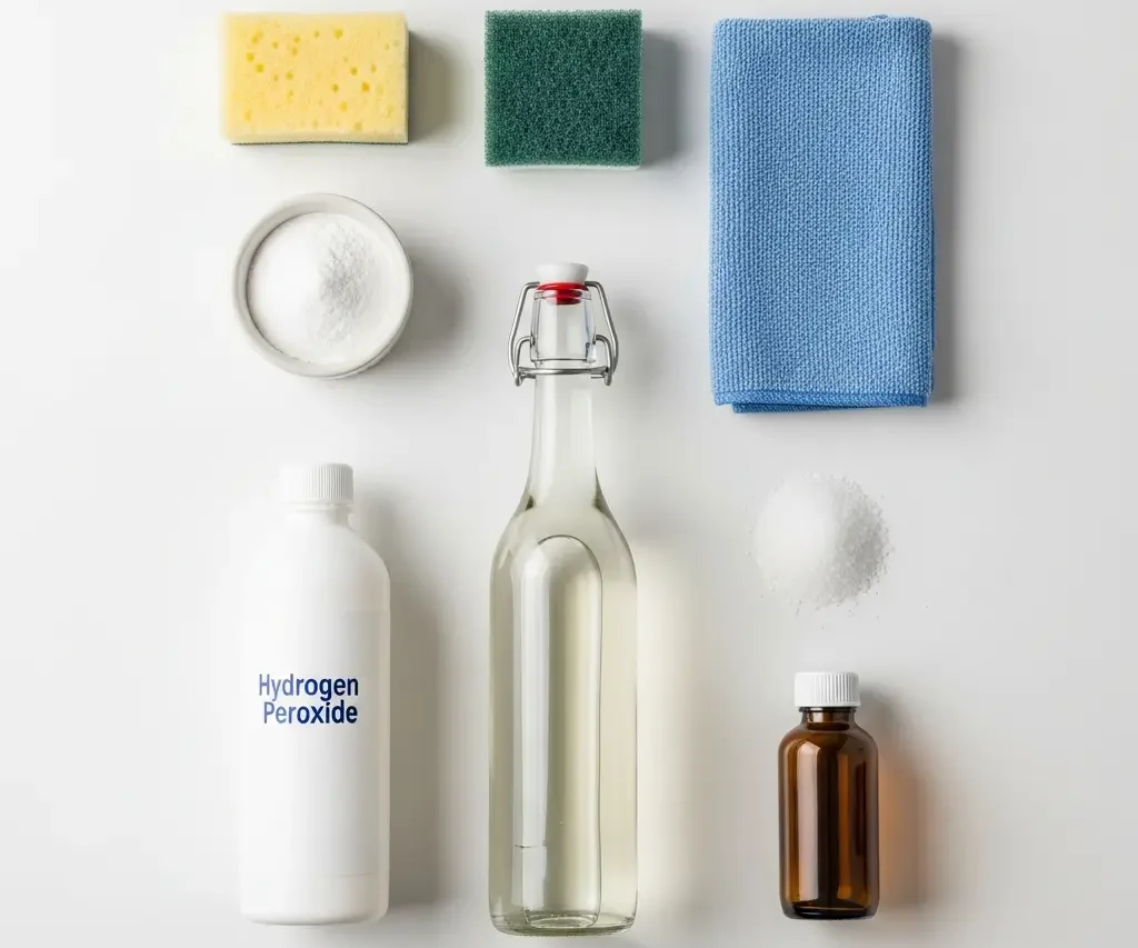 Essential cookware cleaning tools and natural cleaners including baking soda, vinegar, soft sponges and microfiber cloths