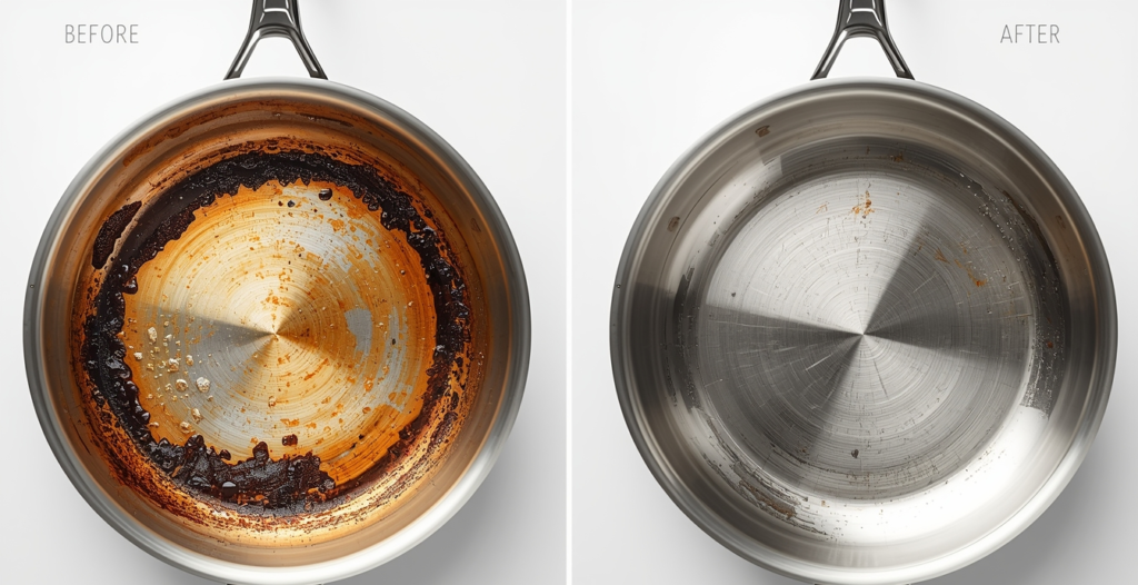 Before and after cleaning stainless steel cookware showing removal of burnt food and heat stains