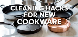various types of pristine cookware (cast iron skillet, stainless steel pot, nonstick pan, copper pan) arranged artfully on a clean white marble countertop with natural lighting.