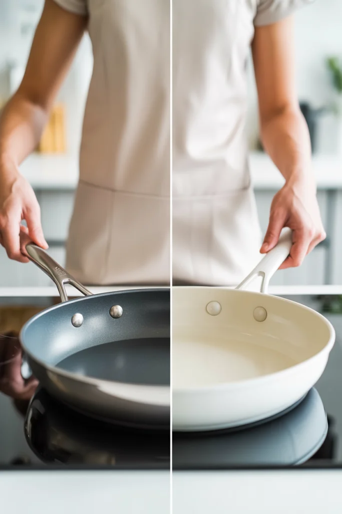Titanium vs ceramic cookware comparison showing both pan types side by side with article title overlay