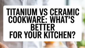 Split-screen comparison image showing a sleek titanium-reinforced nonstick pan on the left and a white ceramic nonstick pan on the right,