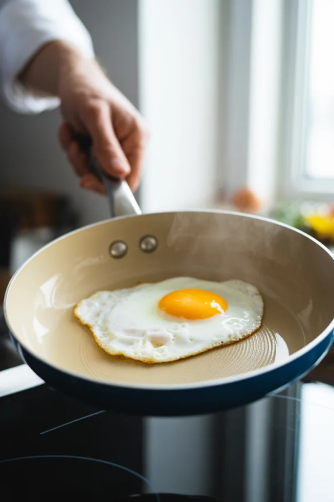 Egg sliding effortlessly on ceramic nonstick cookware surface demonstrating superior initial nonstick performance