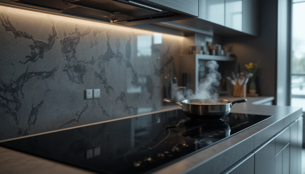 kitchen with a sleek black induction cooktop glowing softly, a confused home cook looking at the control panel, subtle icons showing error symbols, steam rising from a pan