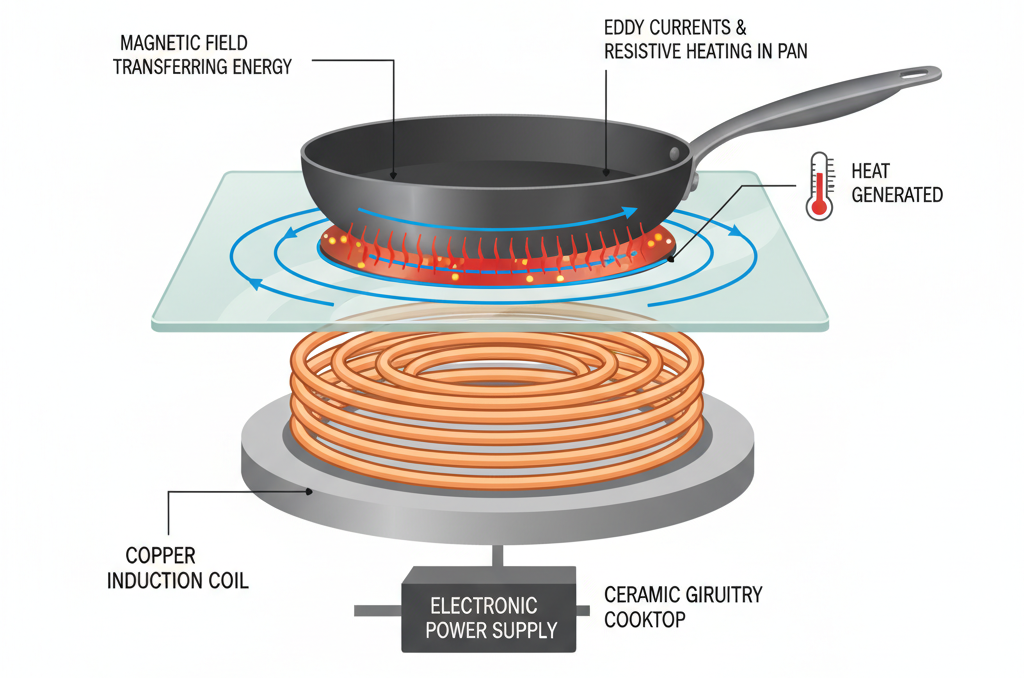 Diagram showing how an induction cooktop heats cookware using electromagnetic energy