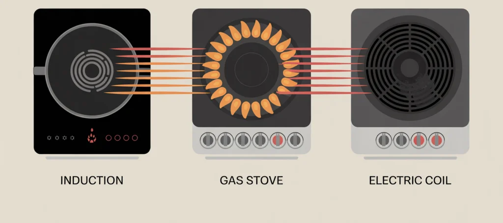 Comparison of induction vs gas vs electric cooktop energy efficiency and heat loss