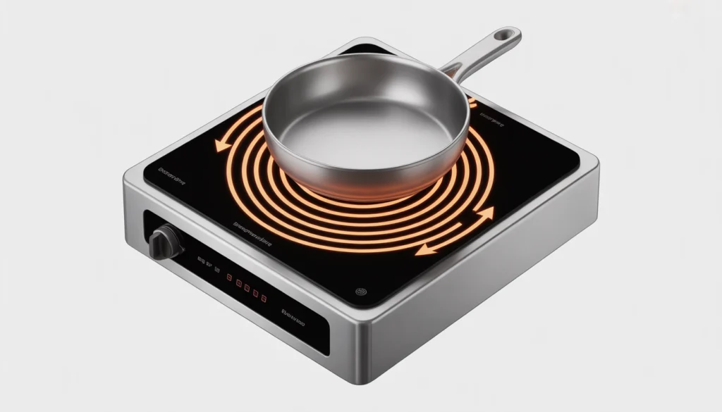 Diagram showing how induction cooking uses electromagnetic energy to heat cookware directly