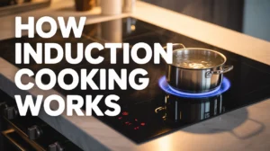 How induction cooking works — modern kitchen with blue glowing induction cooktop