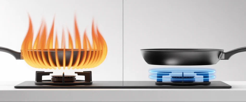 Side-by-side comparison of gas flame vs induction cooktop heating methods