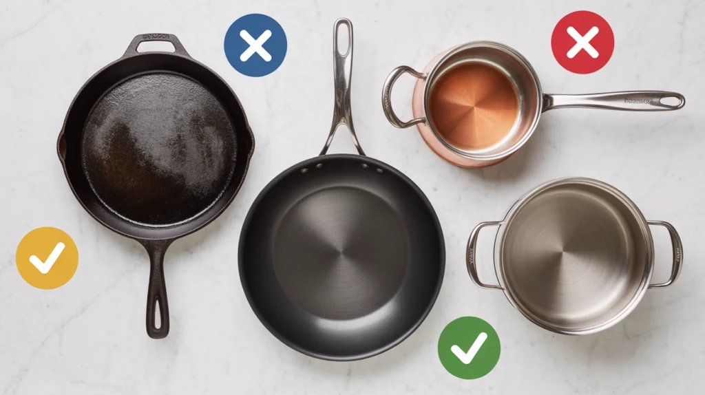 Induction compatible cookware guide showing cast iron, stainless steel, and non-compatible copper pots