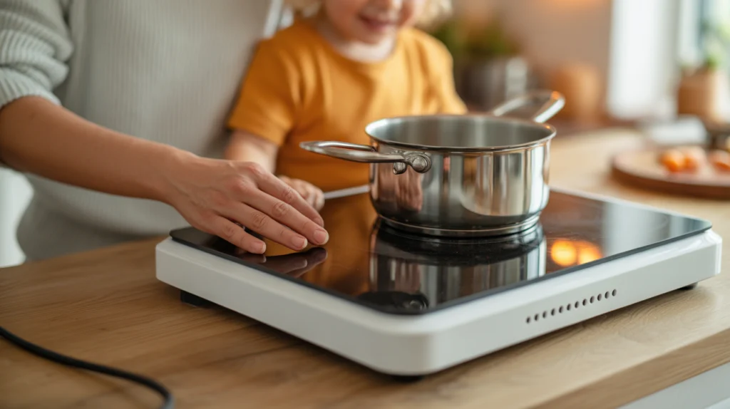 Parent and child safely cooking on induction stove showing cool glass surface safety benefit