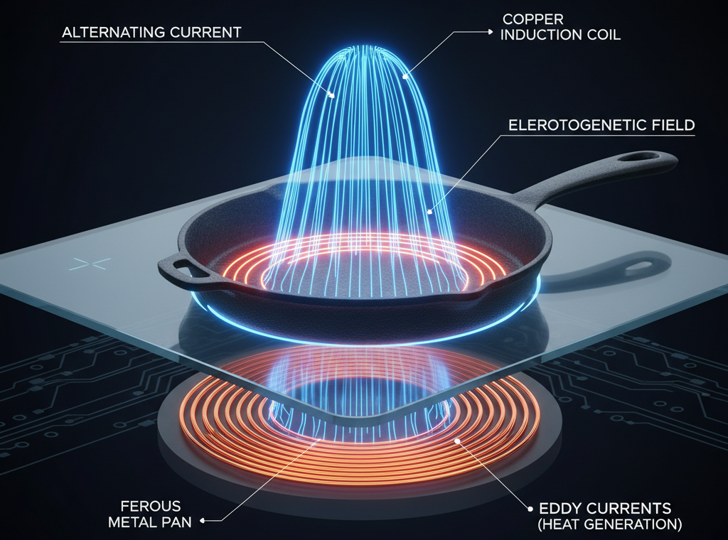Cutaway diagram showing copper induction coils and electromagnetic field beneath glass cooktop