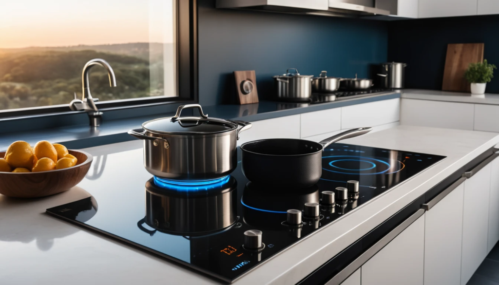 kitchen at golden hour, with a black glass induction cooktop glowing with a soft blue electromagnetic ring beneath a stainless steel pot of boiling water. 
