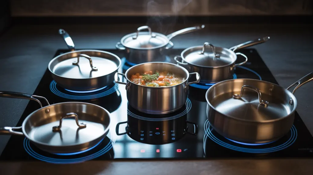top-down flat-lay photo of a high-end stainless steel induction cookware set arranged on a sleek black induction cooktop with a soft blue electromagnetic glow beneath each pan.
