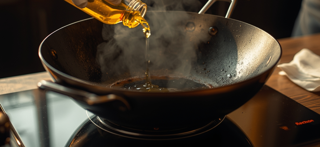 Seasoning a carbon steel wok with oil on induction cooktop showing dark patina forming