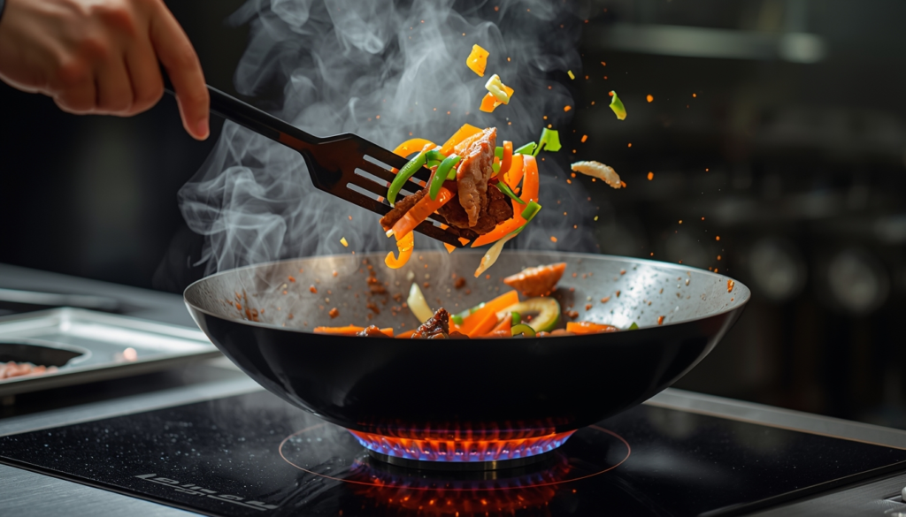 Stir-frying technique using carbon steel wok on induction cooktop with vegetables being tossed