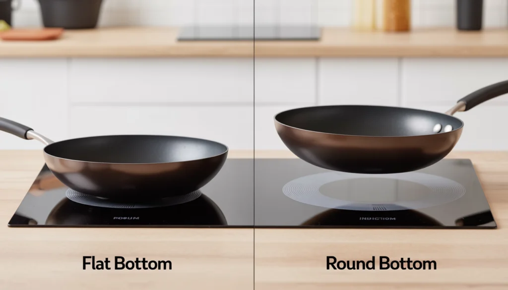 Flat bottom vs round bottom wok comparison on induction cooktop showing stability differences