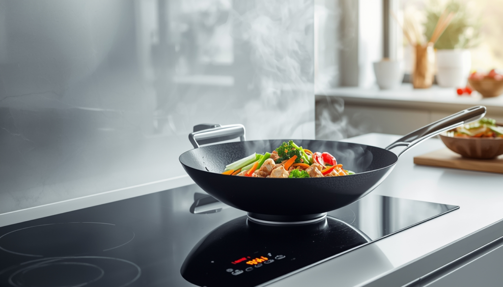 Best induction wok for stir-frying on a modern induction cooktop with carbon steel wok and vegetables