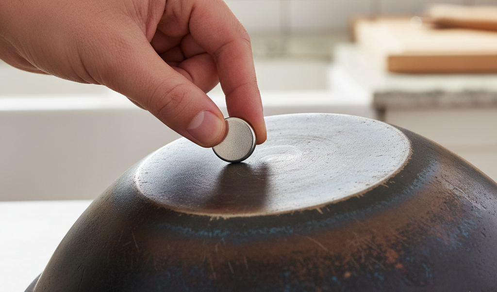 Testing wok for induction compatibility using a magnet on flat bottom carbon steel wok
