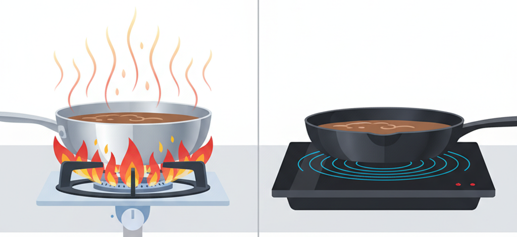 Diagram showing gas flame heating a pan indirectly versus induction magnetic field heating a pan directly