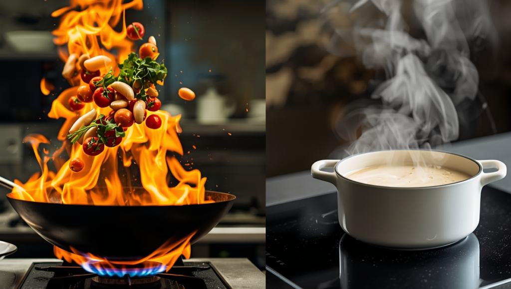 Side-by-side comparison of high-heat stir-frying on a gas burner versus gentle simmering on an induction cooktop