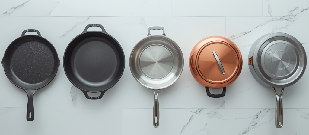 Flat-lay of five different cookware materials: cast iron, carbon steel, stainless steel, copper, and aluminum