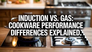 kitchen counter with a sleek black induction cooktop on the left and a stainless steel gas burner on the right, both in use with cookware on top.
