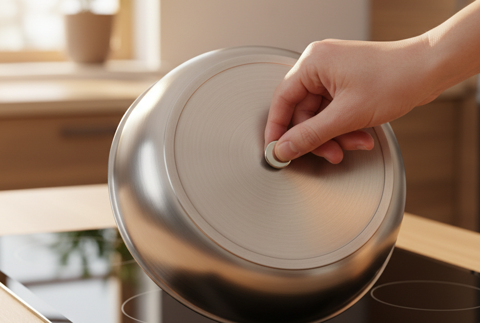 Testing induction cookware compatibility using a magnet on the bottom of a pan