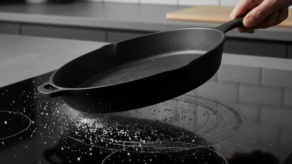 Salt crystals scratching induction cooktop surface when pan is dragged across glass
