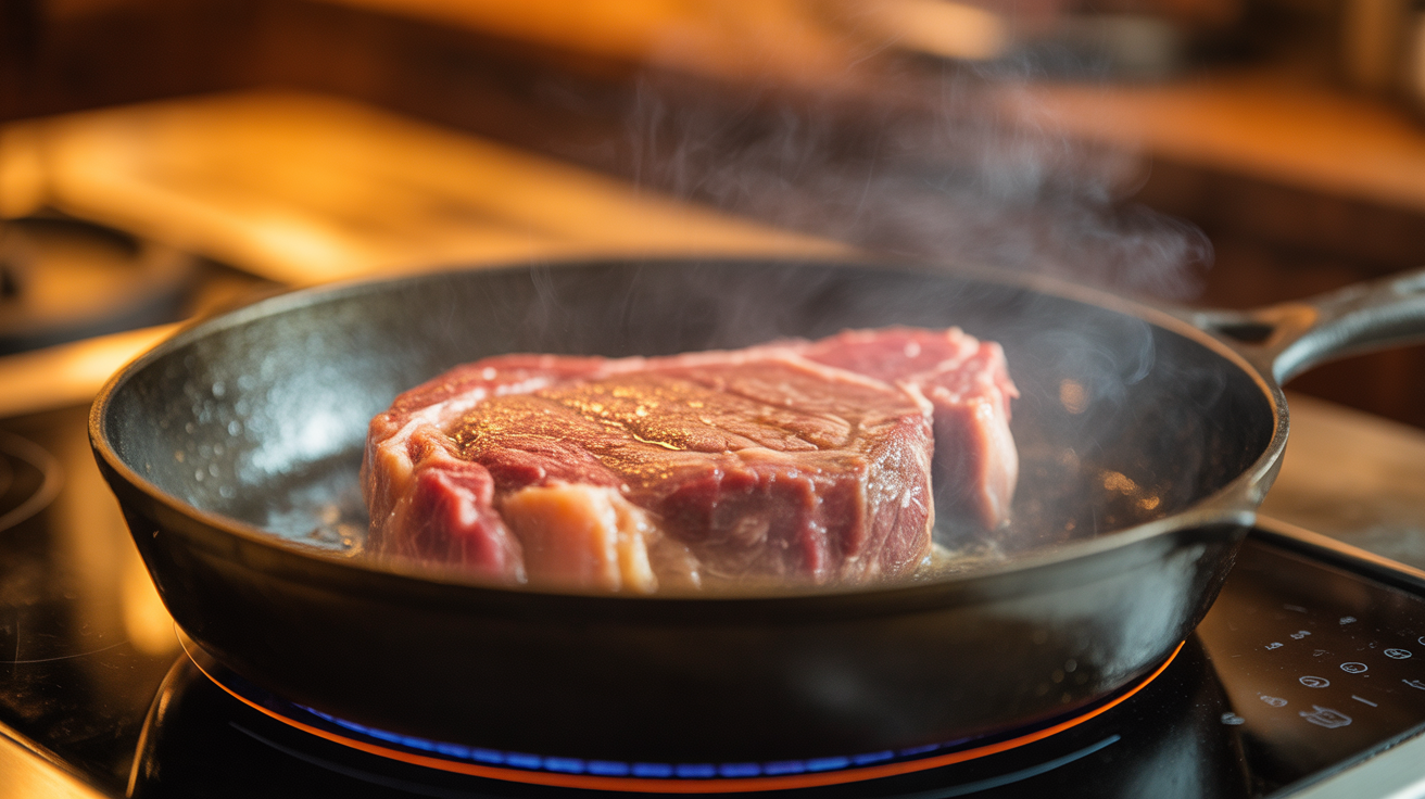 Stainless steel saucepan making butter sauce on induction cooktop